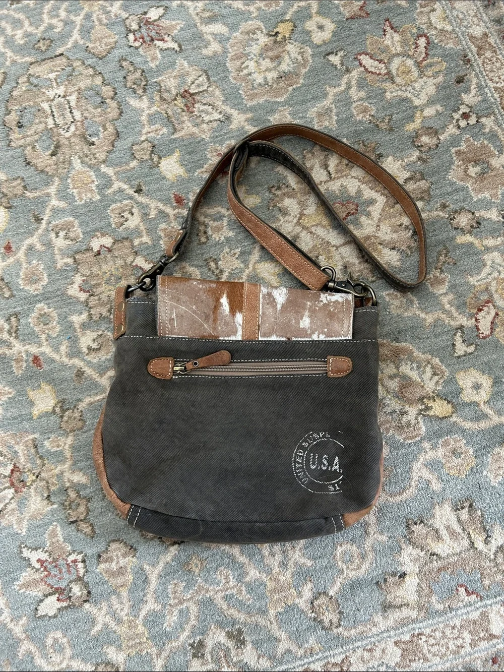 Myra Rustic Brown & White Crossbody Bag with Cowhide Flap